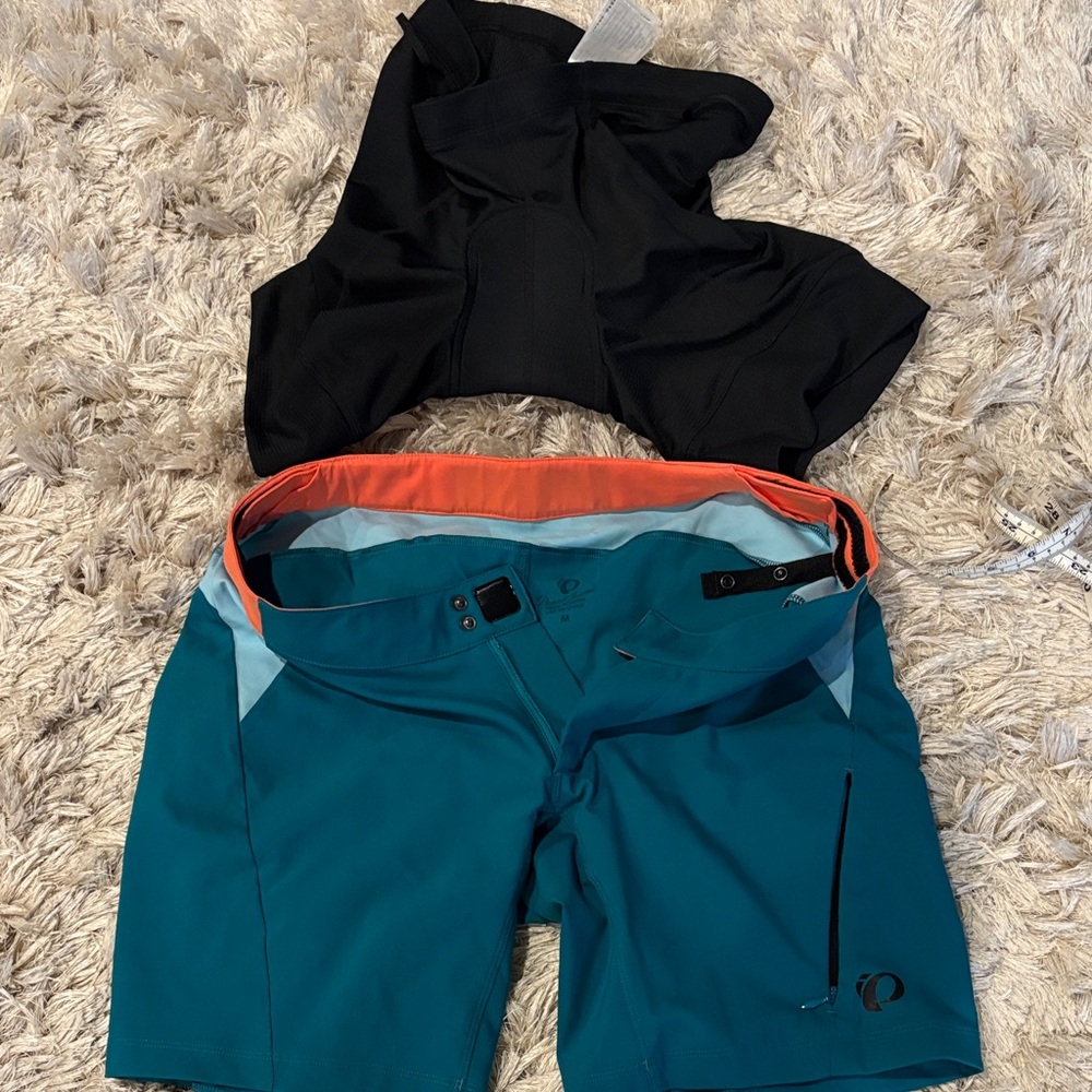 Teal Pearl Izumi Cycling Shorts with Orange Trim, removable padded shorts